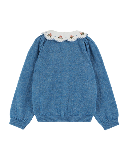 Cardigan uni col brodé bleu