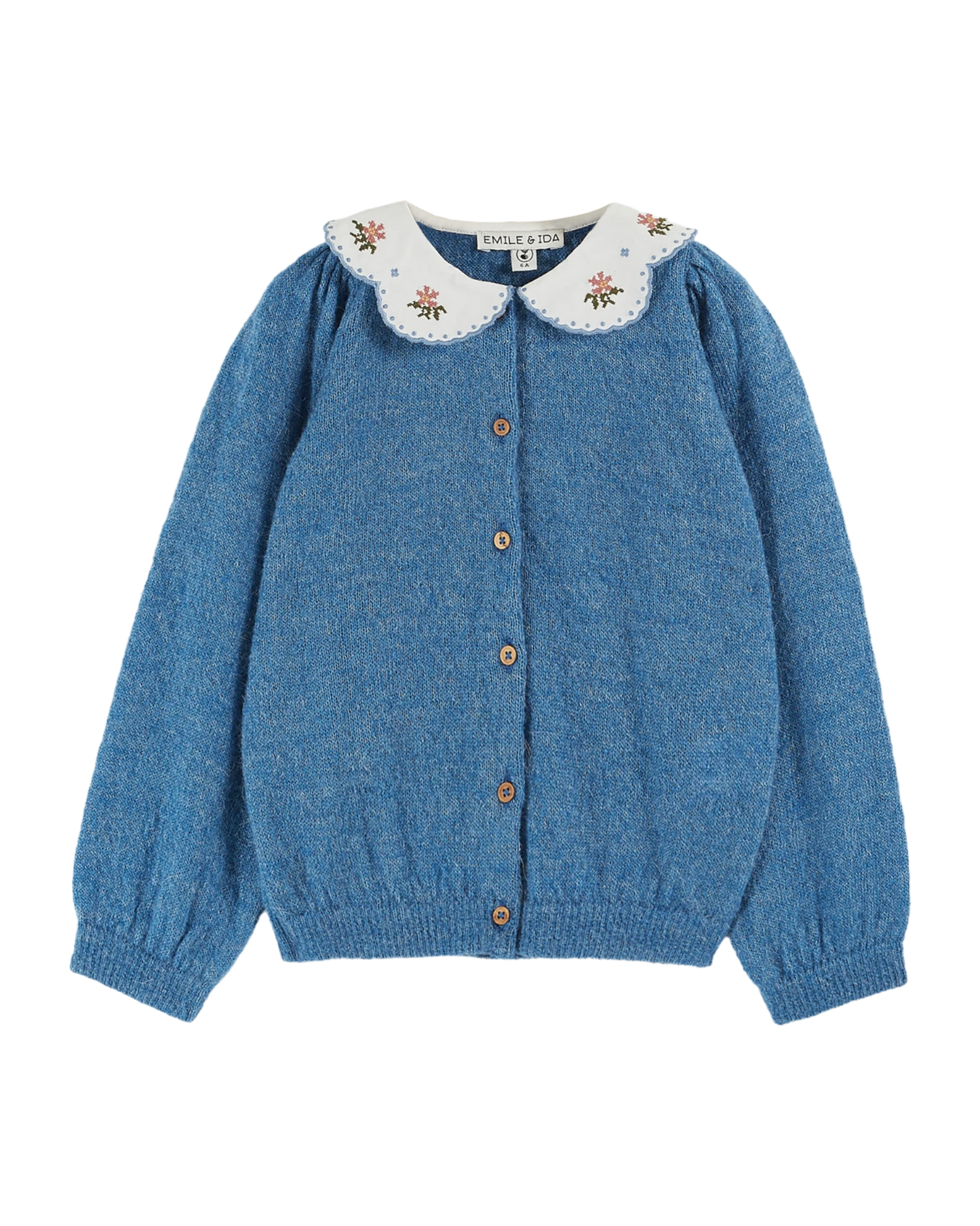 Cardigan uni col brodé bleu