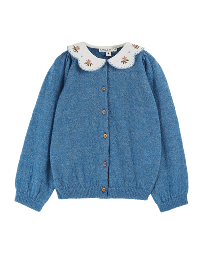Cardigan uni col brodé bleu