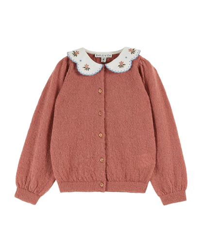 Cardigan uni col brodé rose