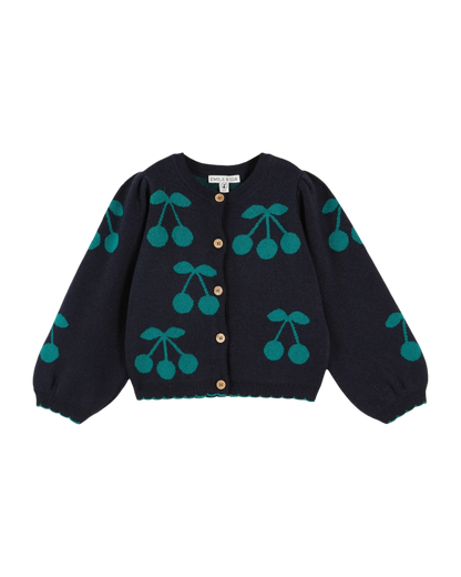 Cardigan fille jacquard cerises marine