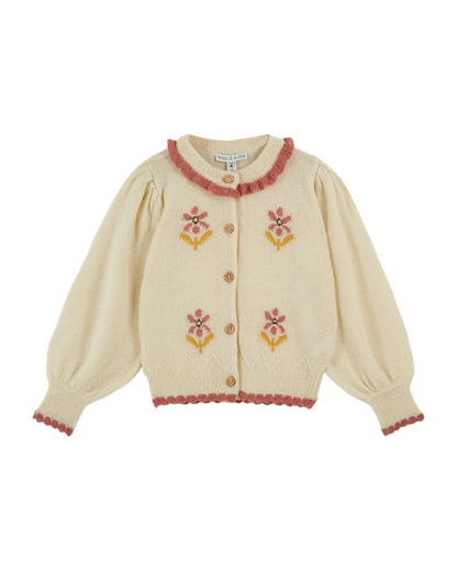 Cardigan fleurs intarsia écru