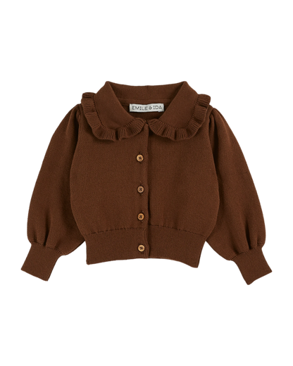 Cardigan col volanté coton bio chocolat