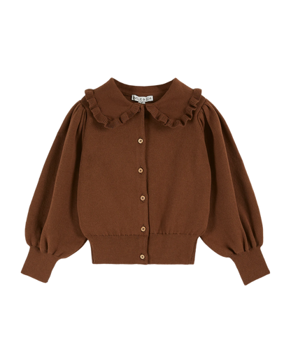 Cardigan col volanté coton bio chocolat