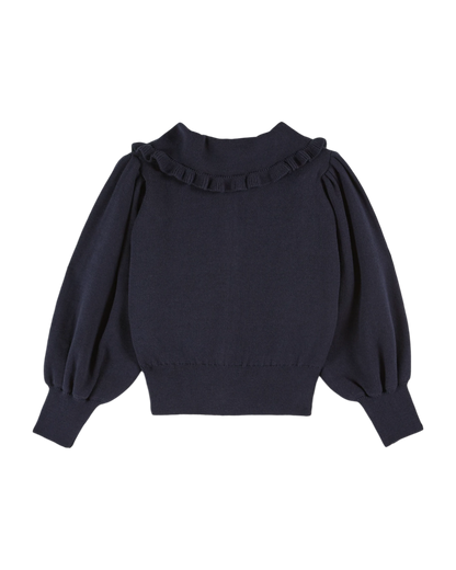 Cardigan col volanté coton bio marine