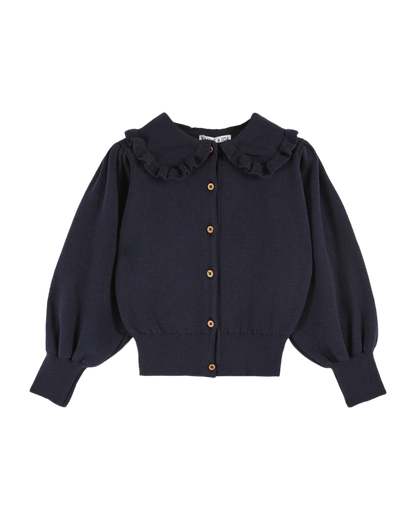 Cardigan col volanté coton bio marine