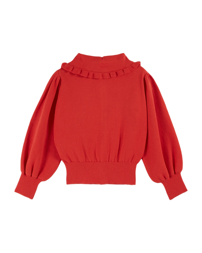 Cardigan col volanté coton bio rouge