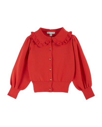 Cardigan col volanté coton bio rouge