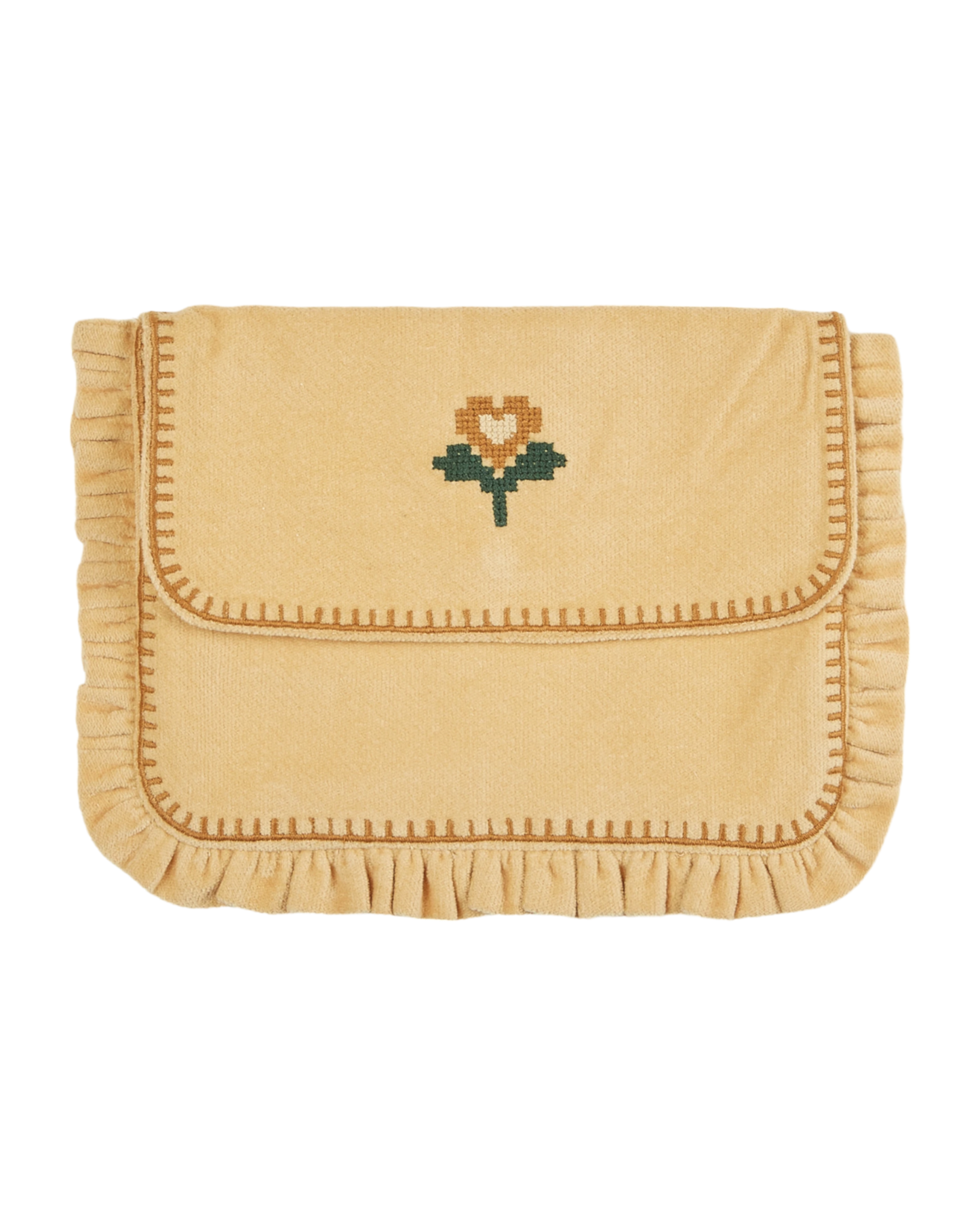 Pochette broderie fleur velours sable