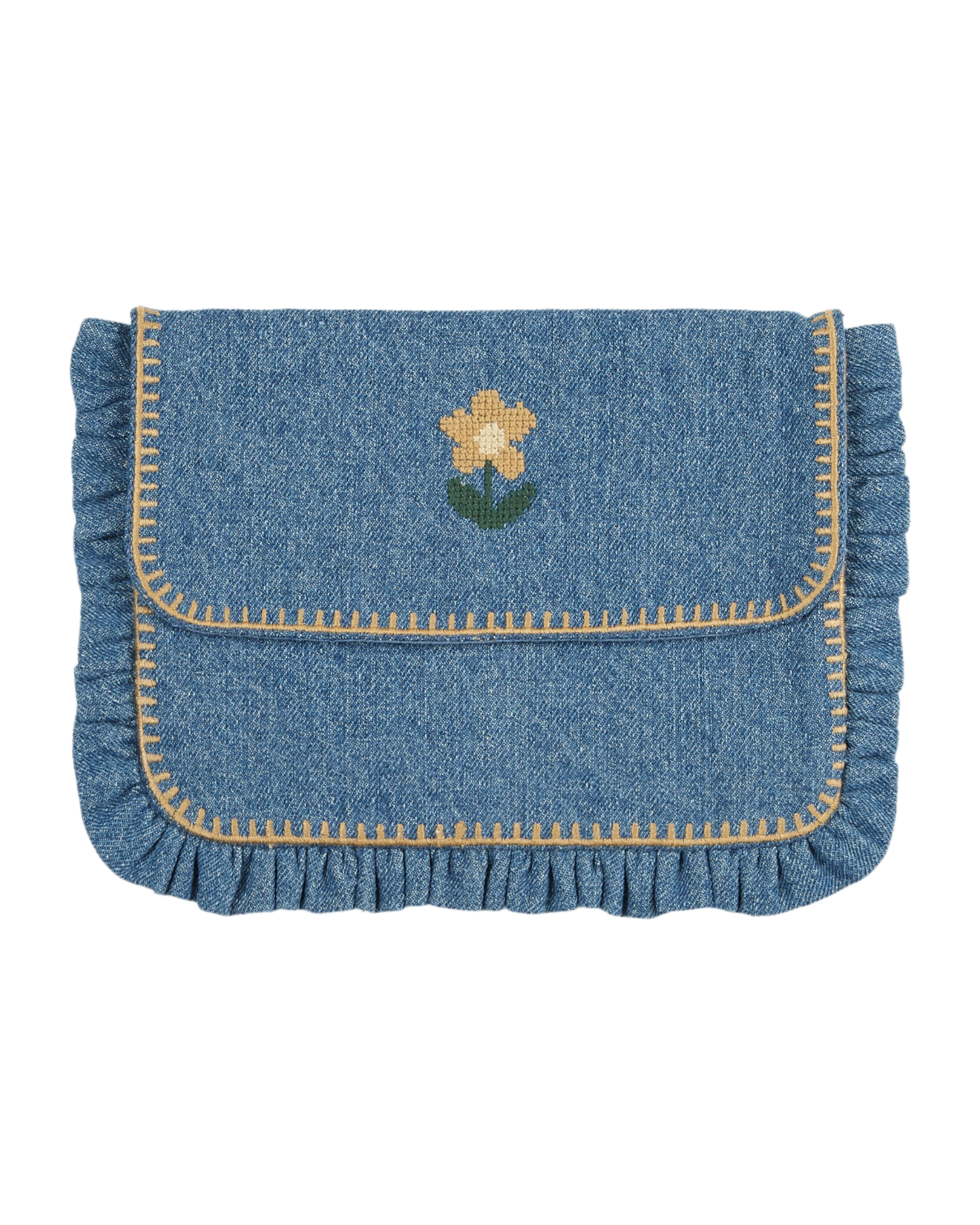 Pochette broderie fleur denim