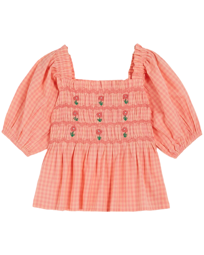 Blouse brodée smockée vichy pivoine