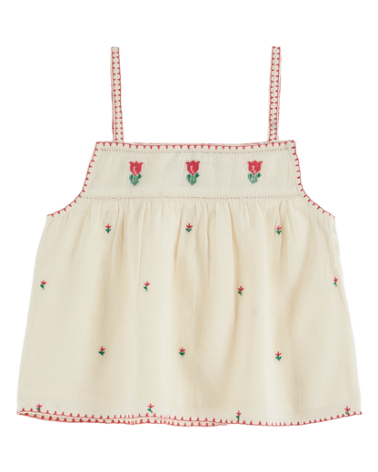 Top broderie tulipe écru