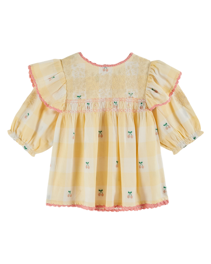 Blouse brodée volantée vichy cerises