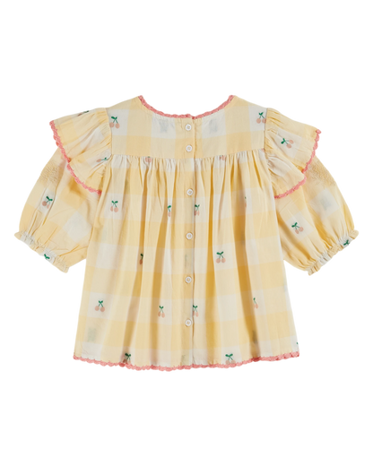 Blouse brodée volantée vichy cerises