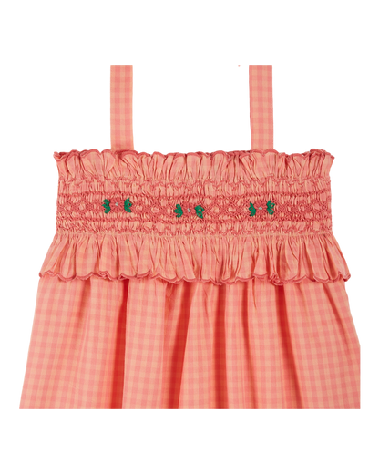 Top à bretelles smocké festonné vichy pivoine