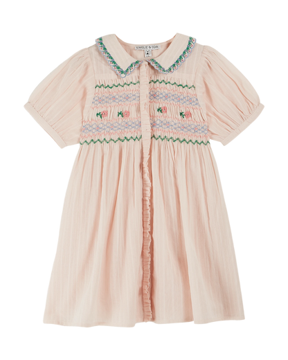Robe brodée smockée main rose pastel