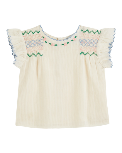 Blouse brodée smockée main écru