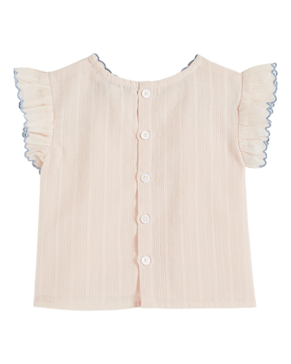Blouse brodée smockée main rose pastel