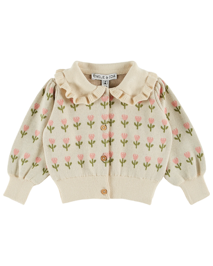 Cardigan volanté coton bio jacquard écru