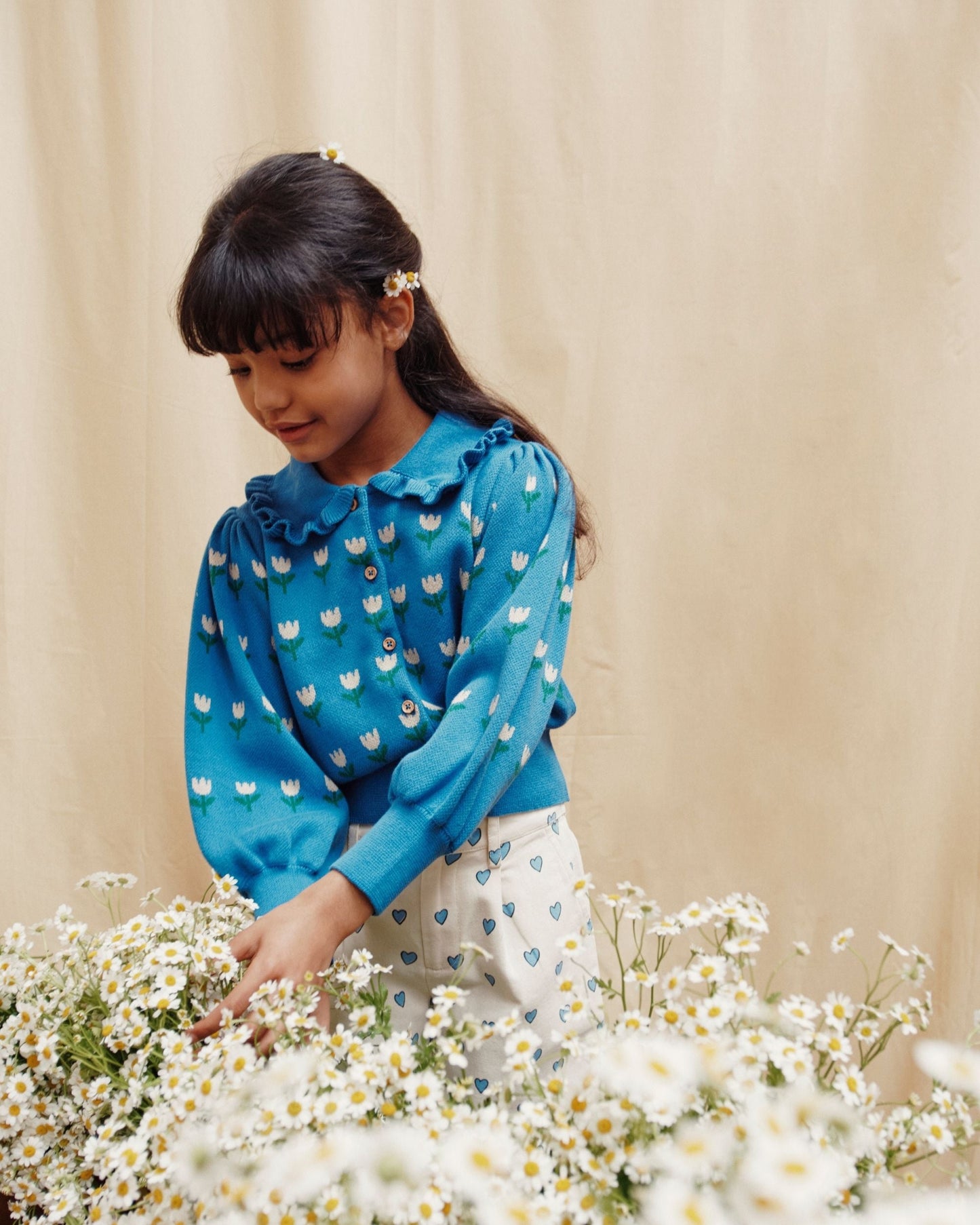 Cardigan volanté coton bio jacquard lagon