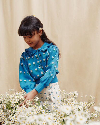Cardigan volanté coton bio jacquard lagon