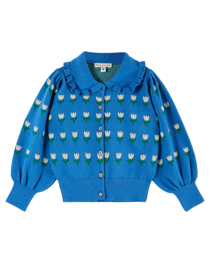 Cardigan volanté coton bio jacquard lagon