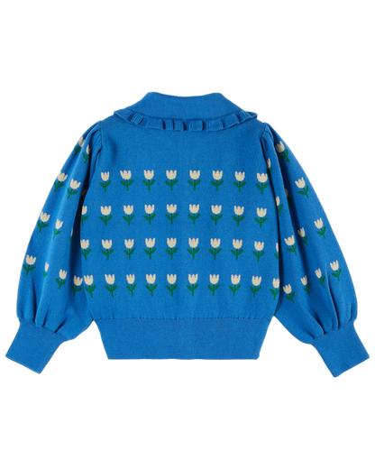 Cardigan volanté coton bio jacquard lagon