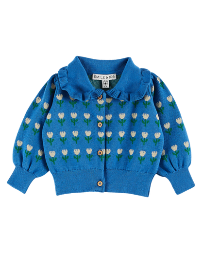 Cardigan volanté coton bio jacquard lagon