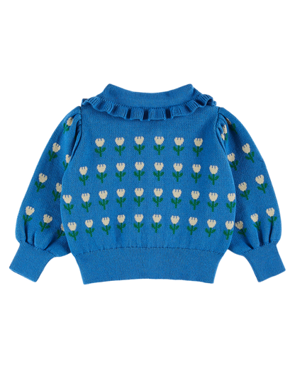 Cardigan volanté coton bio jacquard lagon
