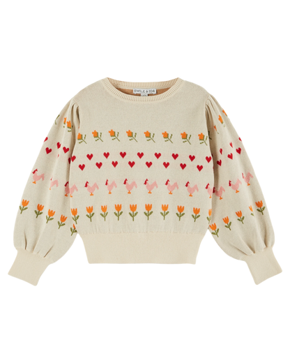 Pull coton bio jacquard écru