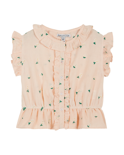 Blouse brodée à fleurs rose pastel