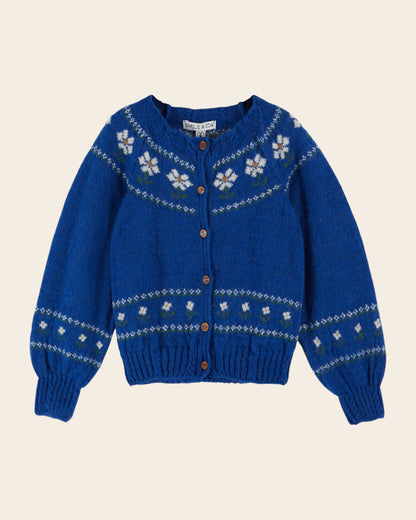 Cardigan fille - Jacquard Marguerite bleu royal