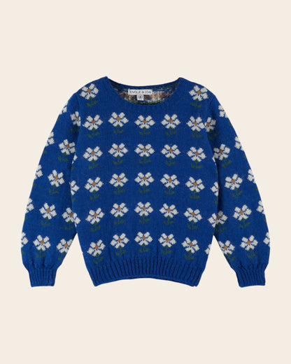 Pull fille - Jacquard marguerite bleu royal