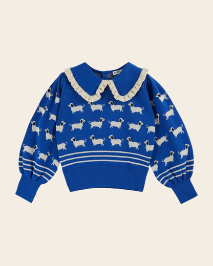 Pull fille - Teckels coton bio bleu royal