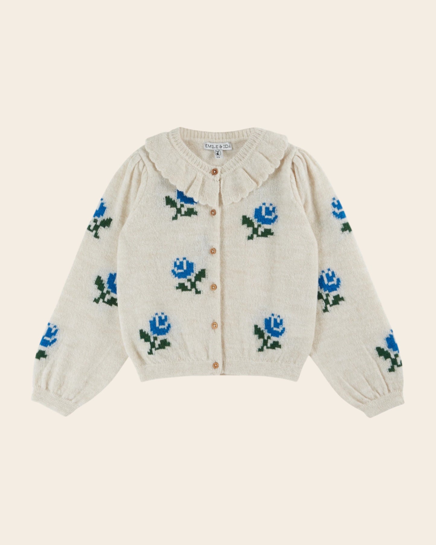 Cardigan - Col volanté fleurs écru