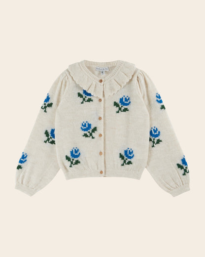 Cardigan - Col volanté fleurs écru