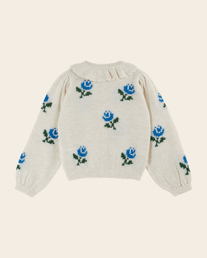 Cardigan - Col volanté fleurs écru