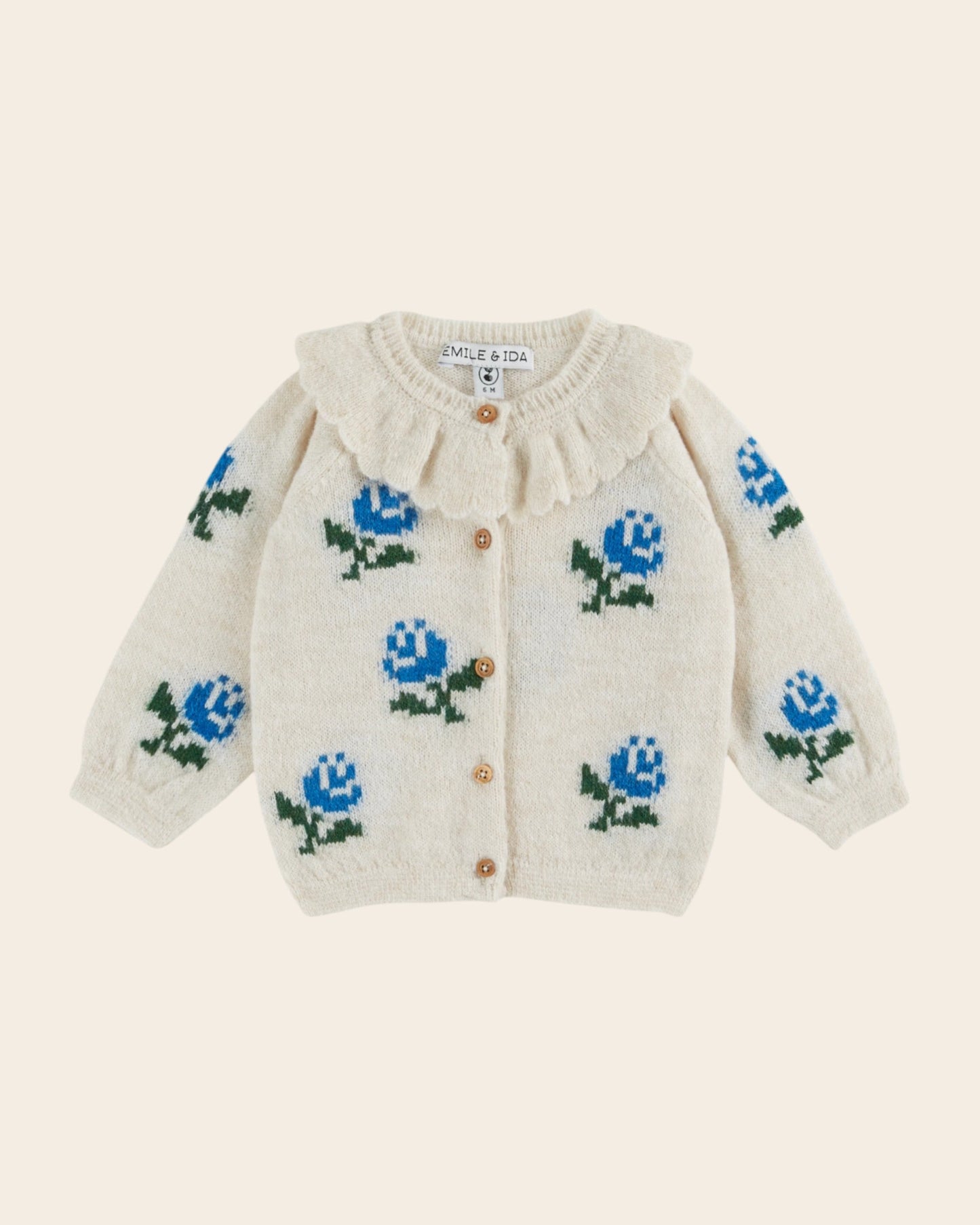 Cardigan - Col volanté fleurs écru