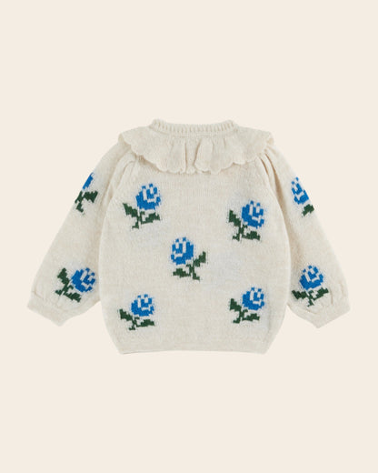 Cardigan - Col volanté fleurs écru