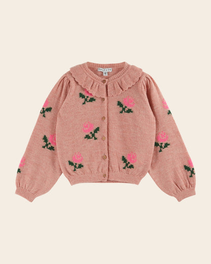 Cardigan - Col volanté fleurs rose