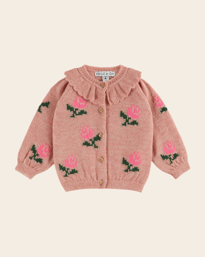 Cardigan - Col volanté fleurs rose