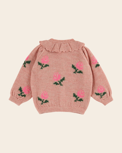 Cardigan - Col volanté fleurs rose