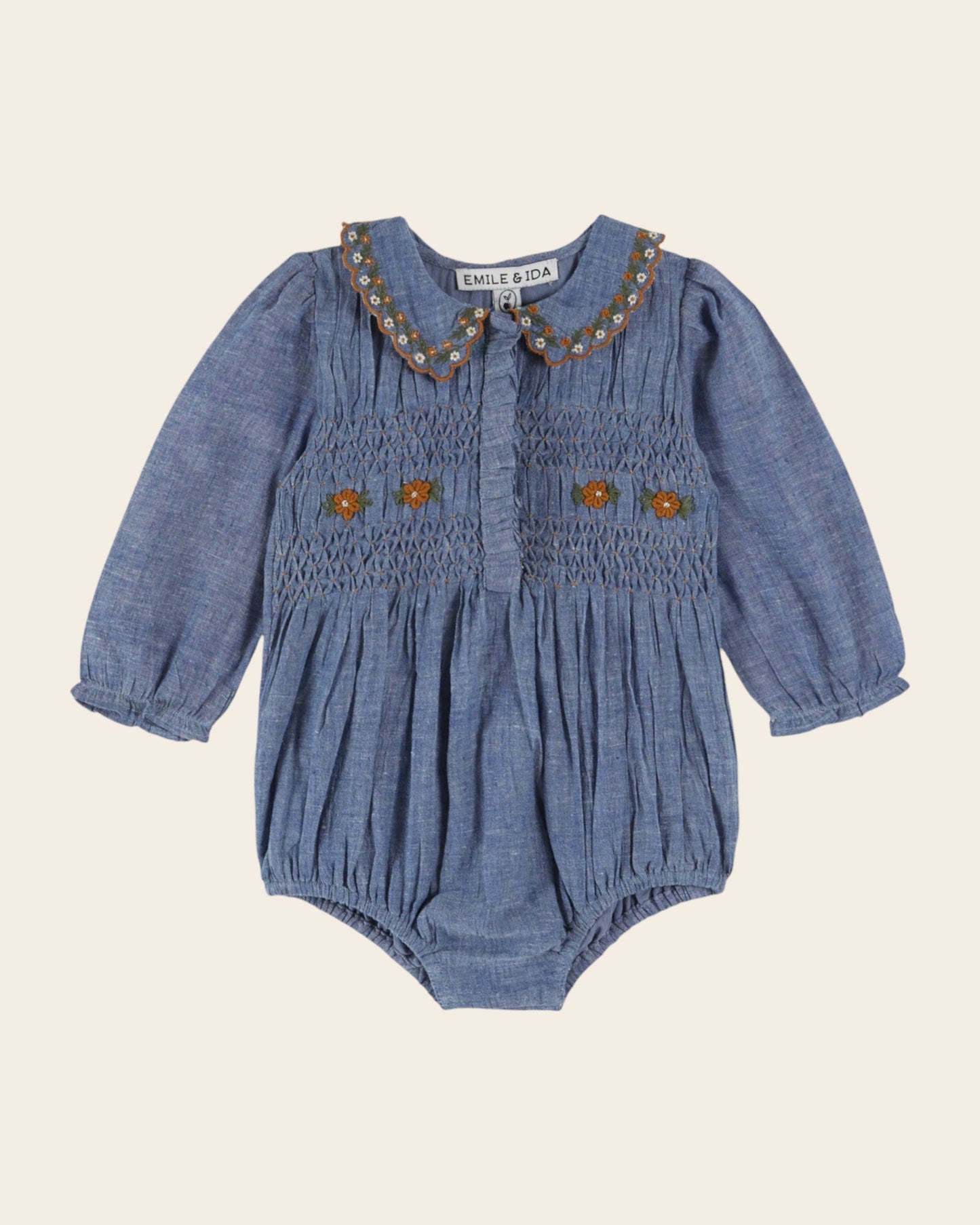 Combibloomer - Smocké brodé chambray