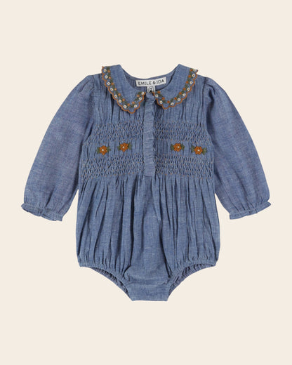 Combibloomer - Smocké brodé chambray