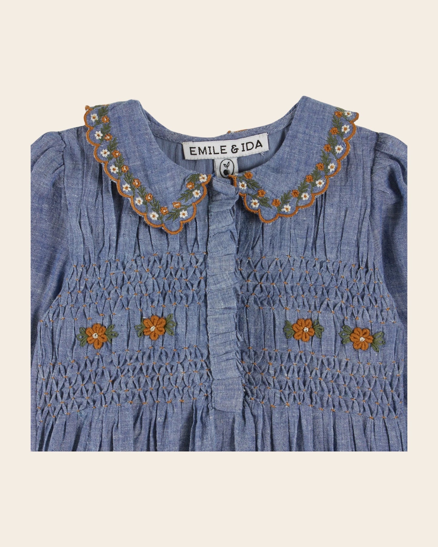 Combibloomer - Smocké brodé chambray