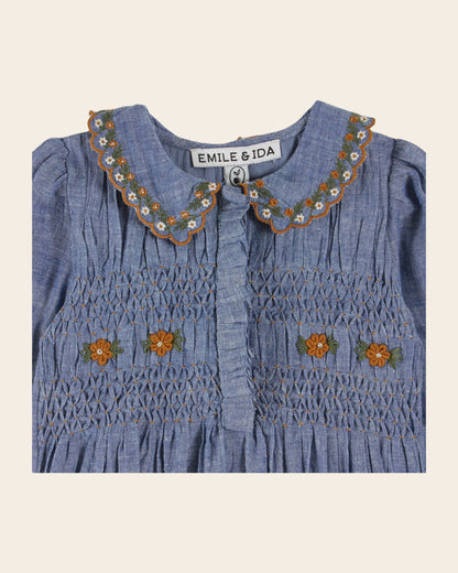 Combibloomer - Smocké brodé chambray