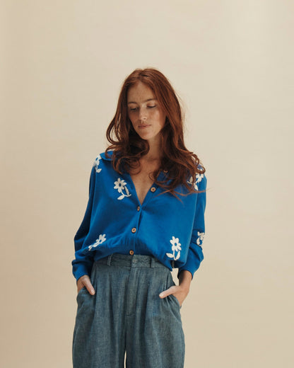 Pantalon palazzo lin et coton bleu indigo