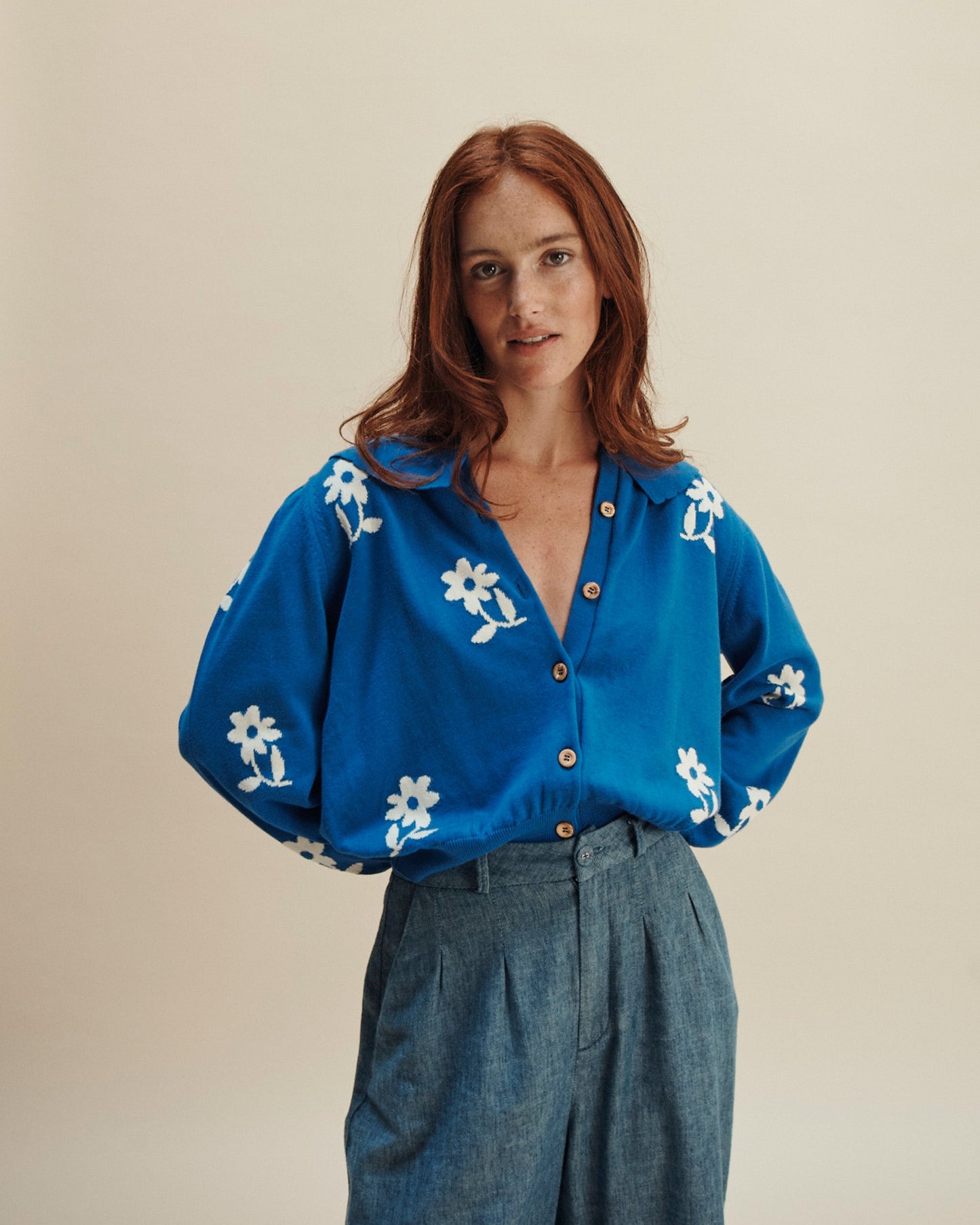 Cardigan fleurs coton bio femme bleu