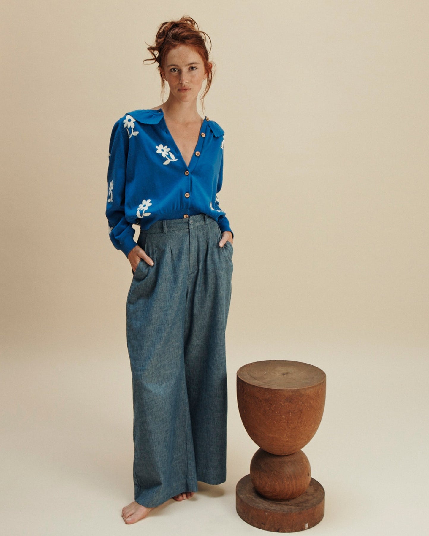 Cardigan fleurs coton bio femme bleu