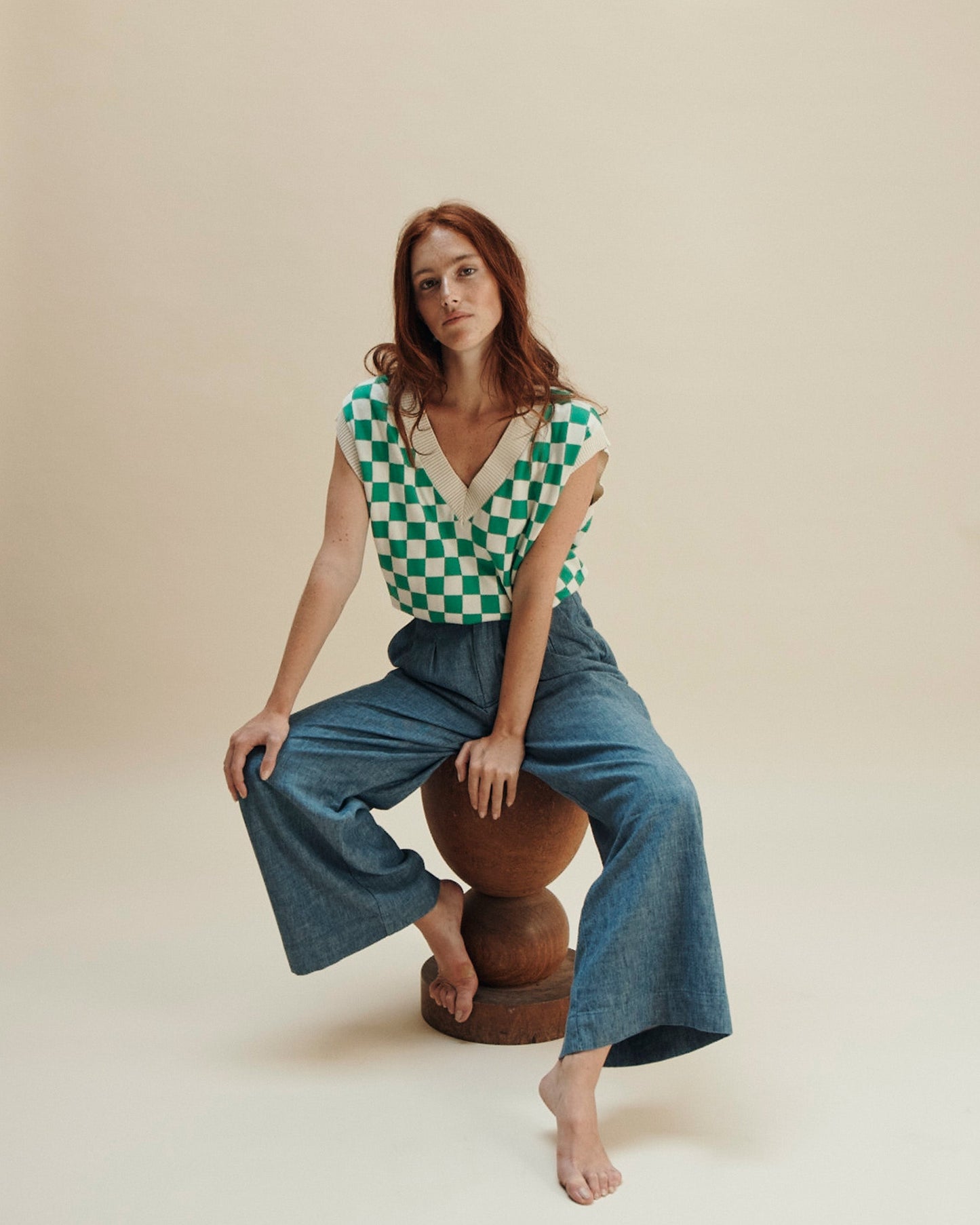 Pull damier coton bio vert et blanc